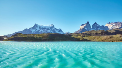 Pehoe Lake and Los Cuernos (The Horns) in the Torres del Paine National Park, Chile. 