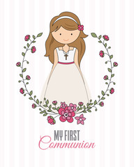my first communion girl. beautiful girl with communion dress and flower frame