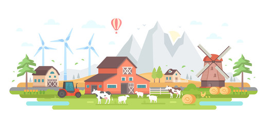 Farm by the mountains - modern flat design style vector illustration