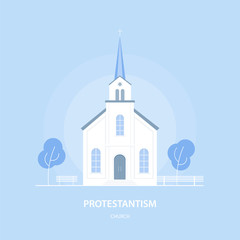The Protestant Church. Christian temple. Religion and faith. Vector illustration