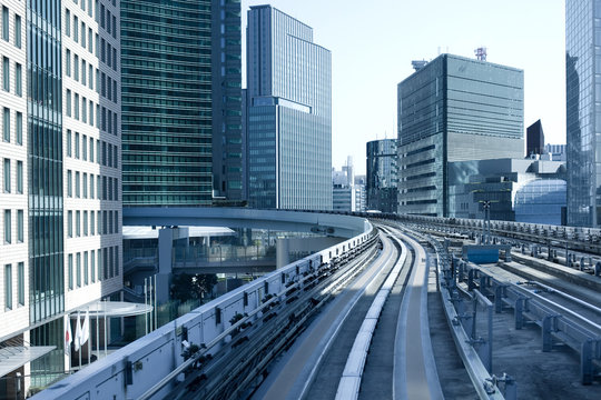 Modern office buildings from Yurikamome elevated monorail, Shinbashi district, Minato Ward, Tokyo, Kanto Region, Honshu, Japan