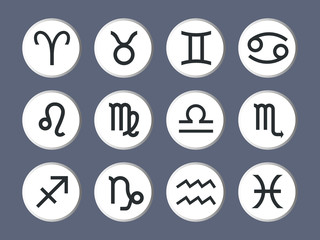 Vector graphics astrology set. A simple geometric representation of the zodiac signs for horoscope, line art isolated illustration on a white volumetric round background