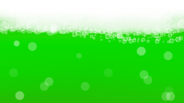Green beer background for Saint Patricks Day with bubble foam. Cool beverage for restaurant menu design, banners and flyers. Realistic backdrop with green beer for St. Patrick. Cold ale pint