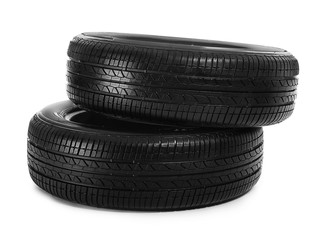 Car tires on white background