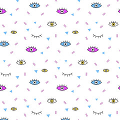 Ornament memphis hipster Vector pattern with black blue pink yellow eyes and pink line and blue triangle on white background