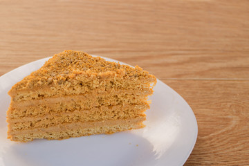 Traditional Russian baked honey cake, sliced on white plate