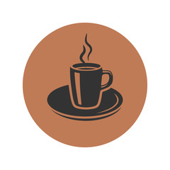 Cup of coffee icon placed in brown circle. Vector illustration.