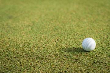 Golf ball on green grass course lawn field park nature background with empty copy space