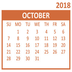 October. Tenth page of set. Calendar 2018, template. Week starts from Sunday. Vector illustration