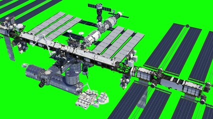 Flight Of The International Space Station On Green Screen. 3D Animation.