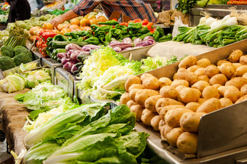 Street market with vegetables and fruits