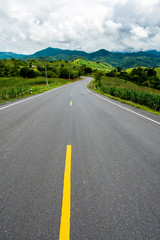asphalt road through the green field and clouds on blue sky in summer day