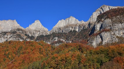 Bright colored forest and peaks of the Churfirsten Range. Autumn scene in St Gallen canton, Switzerland.