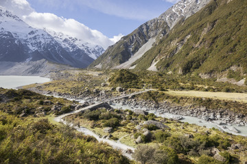Fototapeta na wymiar Suspension bridge on Hooker Valley track in Mt Cook National Park, New Zealand