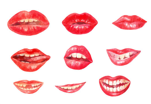 Watercolor lips. Set of different emotions. White teeth
