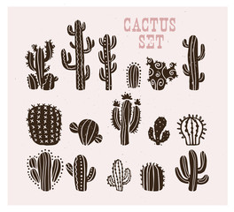 Vector collection of black hand drawn cactus sketch collection isolated on white background. Flat cactus icon set. Nature elements illustration. - obrazy, fototapety, plakaty