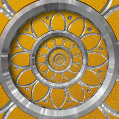 Orange abstract inside round circle background pattern fractal. Silver metal orange decorative ornament element. Silver metal round circle decorative element with floral ornament pattern background