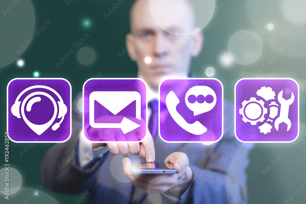 Poster businessman touched on display smartphone and offers technical support services icons on a virtual s