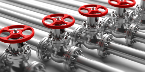 Industrial pipelines and valves close up on white background. 3d illustration - obrazy, fototapety, plakaty