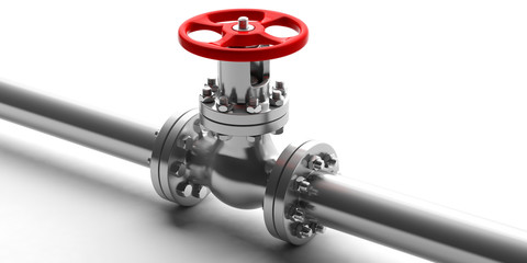 Industrial pipeline and valve on white background, copy space. 3d illustration
