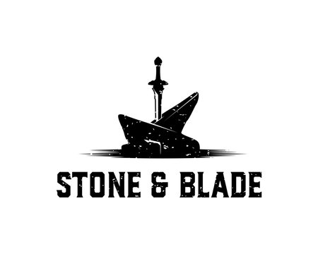 the Strong Sword Pierce on the Stone with Grunge Effect Symbol Concept Logo Vector