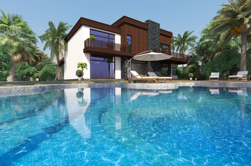 Luxury modern house overlooking a tropical landscaped garden with palm trees and curving blue swimming pool. 3D rendering.