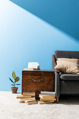 old wooden chest with books near couch in front of blue wall