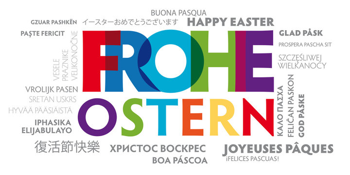 Grußkarte Frohe Ostern mehrsprachig - bunter Text