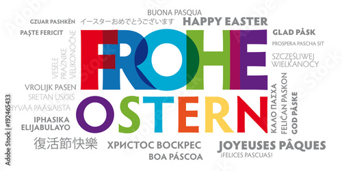 "Grußkarte Frohe Ostern mehrsprachig - bunter Text" Stockfotos und