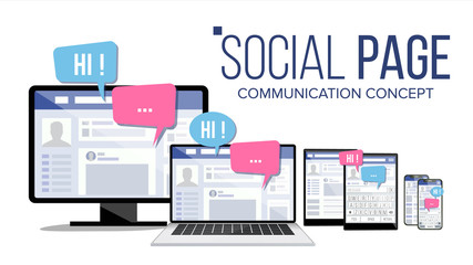Social Page On Computer Monitor, Laptop, Tablet, Mobile Phone Vector. Electronic Gadget. Speech Bubbles. Communication Concept. Isolated Flat Illustration