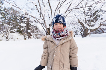 Fototapeta na wymiar Cute asian boy in winter