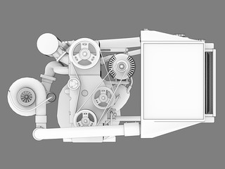 Turbocharged four-cylinder, high-performance engine for a sports car. Black and white bitmap illustration of a white engine silhouette outlined by black lines of strokes. 3d rendering.