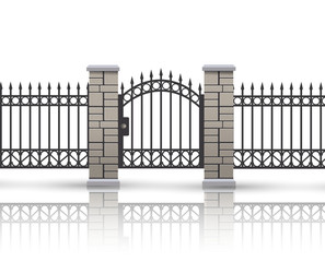 Wrought iron fence with stone columns illustration