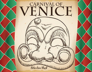 Curtains and Scroll with Sketched Arlecchino Mask for Venice Carnival, Vector Illustration