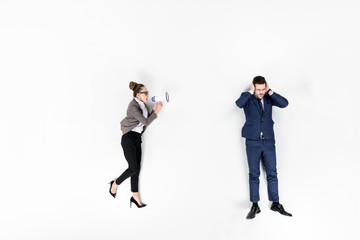 top view of lady boss shouting at manager with loudspeaker isolated on white