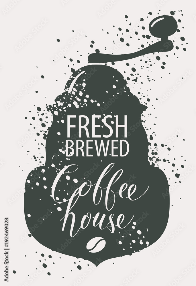 Poster vector banner on coffee theme in retro style with image of pointer, coffee grinder and handwritten i