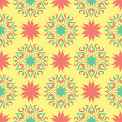 Yellow floral seamless pattern. Colored background with pink and green flower design