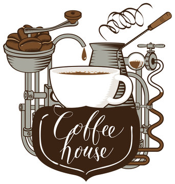 Fototapeta Vector banner for coffee house in retro style with Cup of coffee, a vintage coffee machine and a handwritten inscription