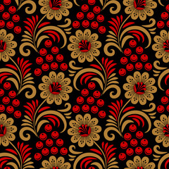 Floral seamless pattern in traditional russian style. Khokhloma painting. Vector Illustration