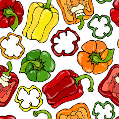 Bell Pepper Red Orange Yellow Green Vector Seamless Pattern. Sweet Paprika and Rings Cuts. Fresh Ripe Raw Vegetables. Healthy Vegan Cuisine. Vector Illustration Hand Draw. Savoyar Doodle Style.