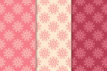 Set of red floral ornaments. Cherry pink vertical seamless patterns