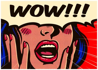 Fotobehang Pop art Retro pop-art stijl verrast en opgewonden strips vrouw met open mond en tekstballon zeggen wow vintage vectorillustratie