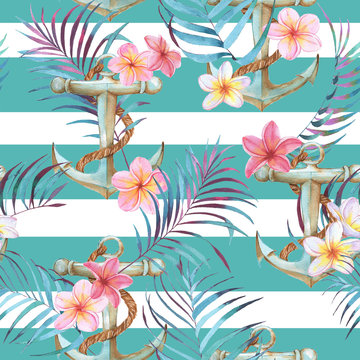 Hand-drawn watercolor sea pattern with anchor, plumeria flowers and palm leaves. Summer repeated background