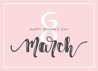 Women Day greeting card with hand drawn flowers background. Text lettering for 8 March Woman holiday.