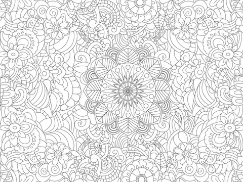 Antistress coloring book floral ornament on the whole leaf. Black lines, white background. Vector