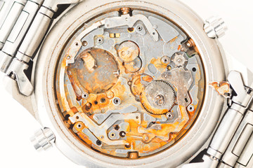 Clock with rusty machinery