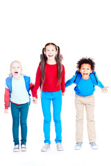 Obraz premium Portrait of three multi-ethnic school friends holding hands on white background