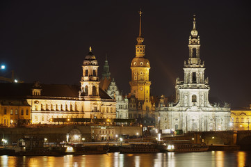 Night view of the city with royal palace buildings and reflections in the Elbe river in Dresden, Germany.
