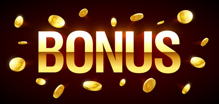 Bonus, gambling games casino banner with Bonus inscription and gold explosion of coins around