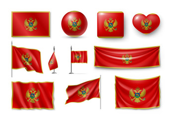 Set Montenegro flags, banners, banners, symbols, relistic icon. Vector illustration of collection of national symbols on various objects and state signs